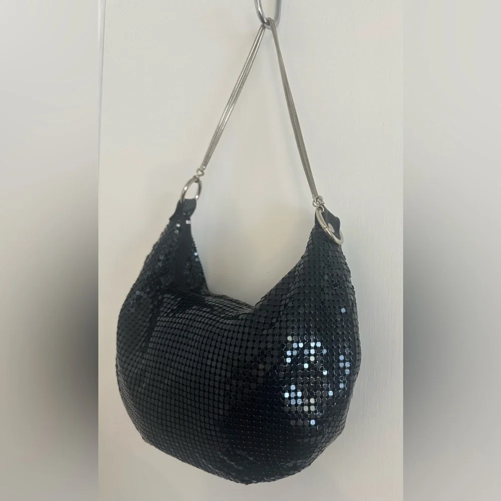 Vtg Y2K 90s Sequin Black Slouch Hobo Bag Purse Snake Metal Straps Bling Disco